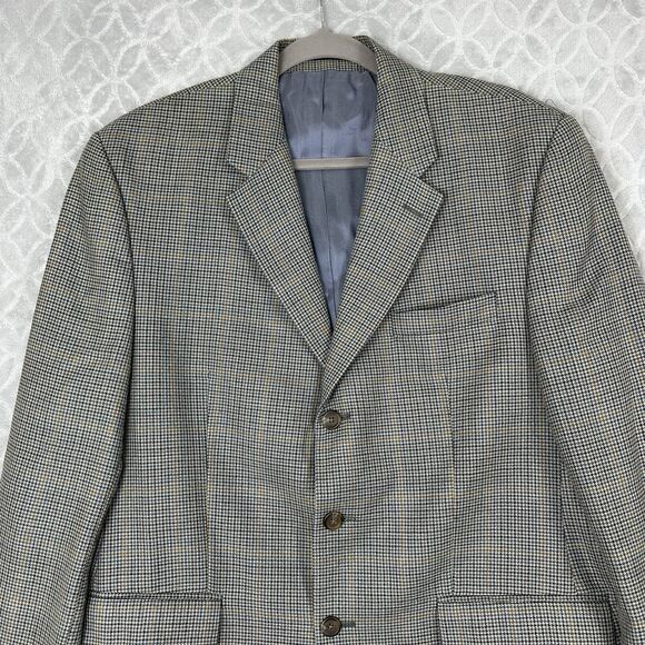Vtg Ralph Lauren Blazer Men 42R Silk Wool Blue Houndstooth 3-Button Suit Jacket - Picture 3 of 13